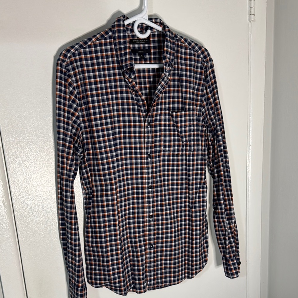 Banana Republic Men's Medium Slim Luxe Blue & Orange Flannel Casual Button Up